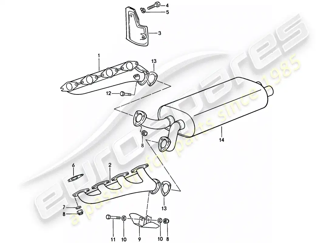 porsche 1985 (928) sistema de escape - silenciador de escape, delantero diagrama de piezas