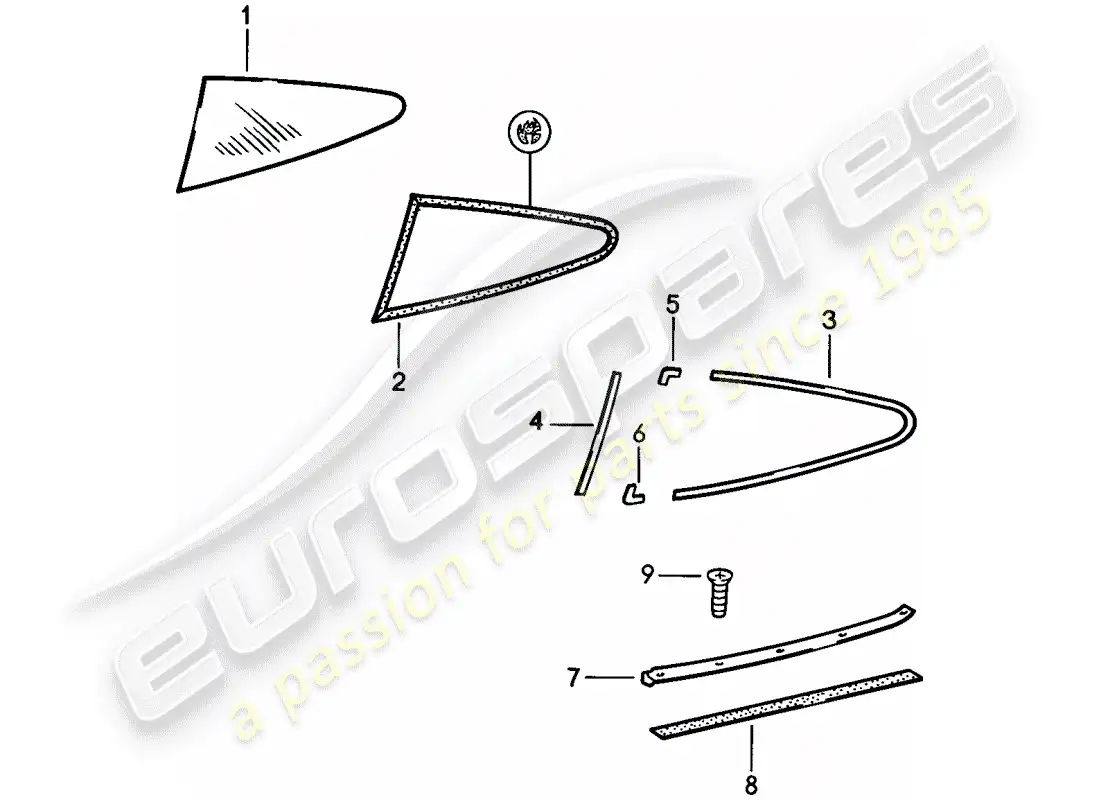 porsche 1986 (911) acristalamiento de ventanas - ventana lateral diagrama de piezas