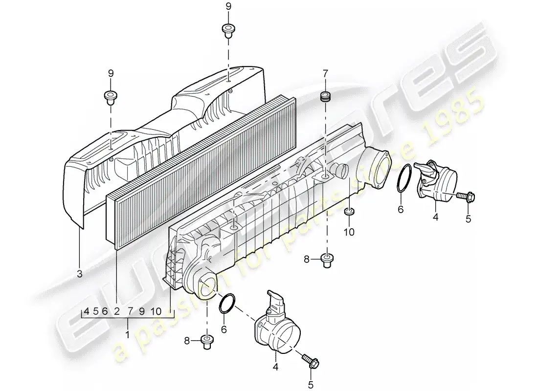 porsche 2008 (997-1 turbo / gt2) diagrama de piezas del limpiador de aire