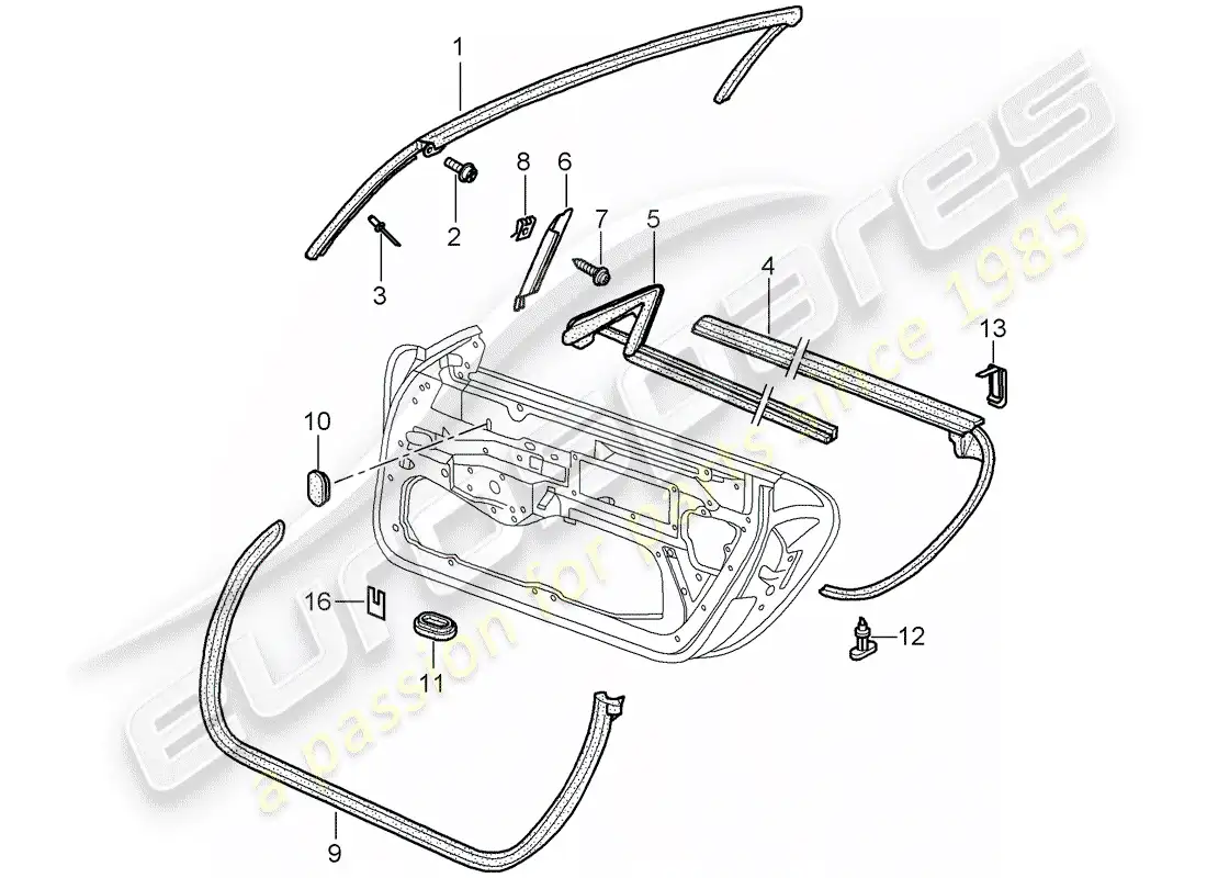 porsche 2001 (996) sello de puerta - junta - marco del parabrisas diagrama de piezas