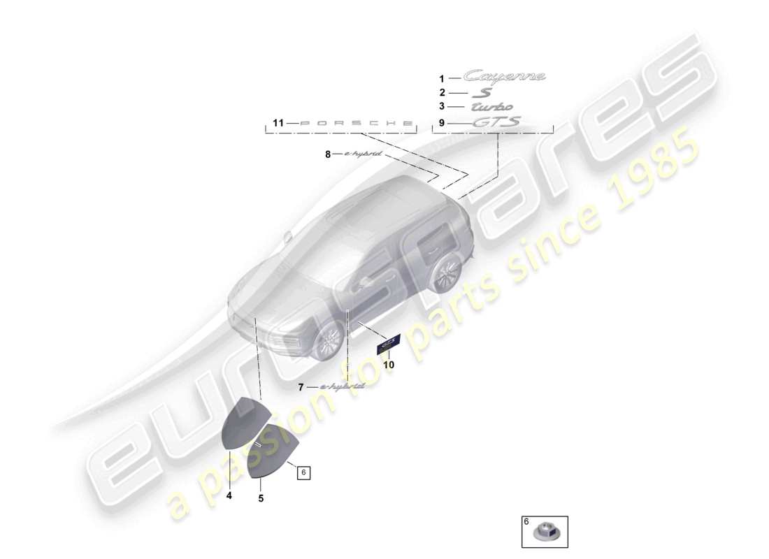 porsche 2021 (cayenne e3 9ya/9yb) inscripciones/letras en la parte superior porsche de la cresta exterior diagrama de piezas