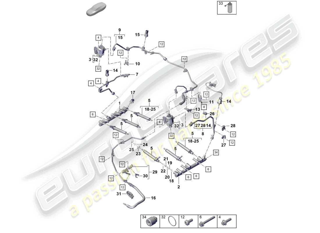 porsche 2021 (718 cayman gt4) diagrama de piezas del inyector de alta presión de la bomba de alta presión del sistema de inyección