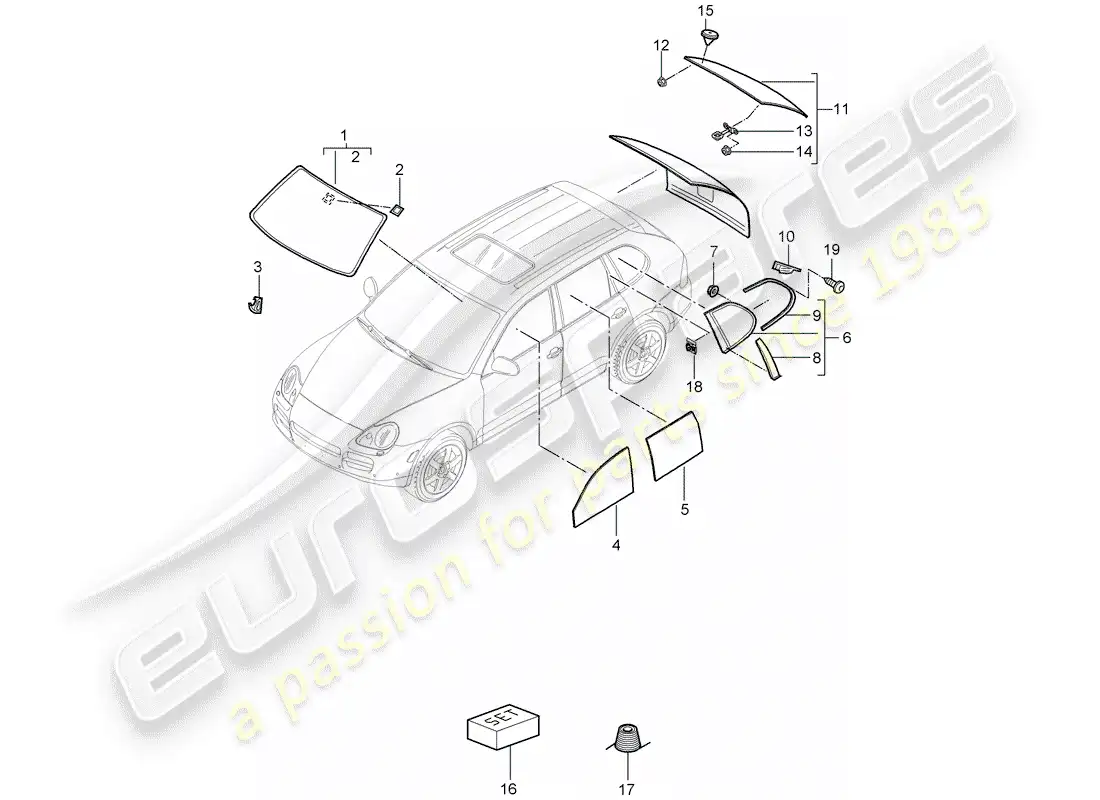 porsche 2009 (cayenne e1 9pa) acristalamiento de ventanas diagrama de piezas