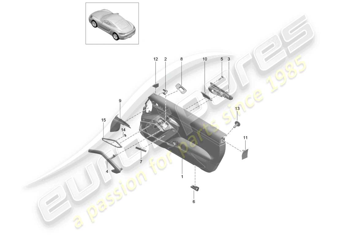 porsche 2022 (718 cayman) diagrama de piezas de carbono para molduras de accesorios de panel de puerta