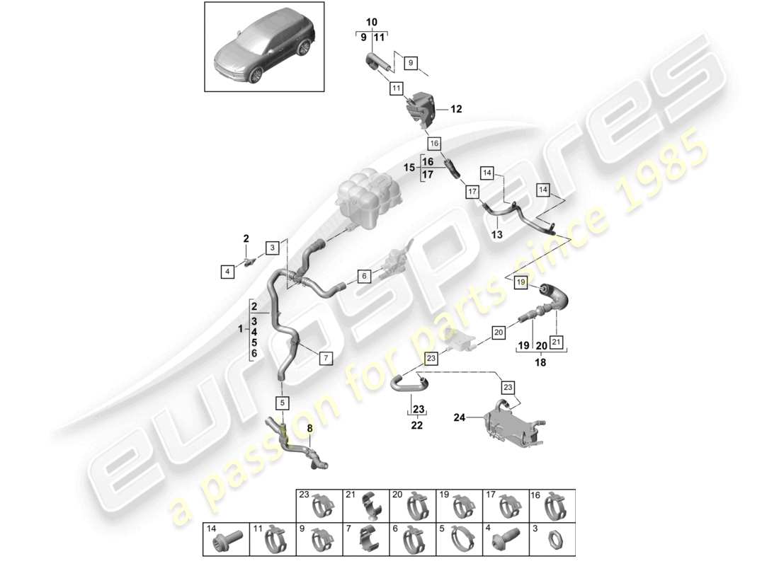 porsche 2021 (cayenne e3 9ya/9yb) sistema de enfriamiento del refrigerante diagrama de piezas