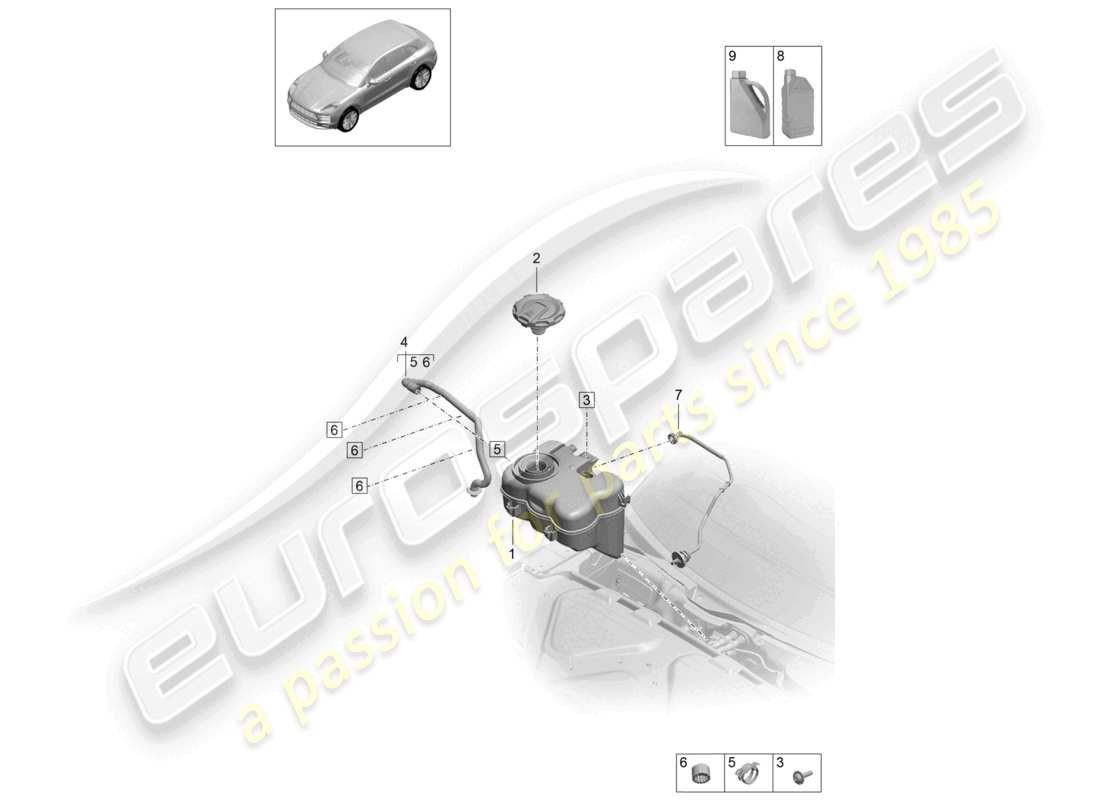 porsche 2021 (macan) tanque de expansión de refrigerante aditivo refrigerante diagrama de piezas