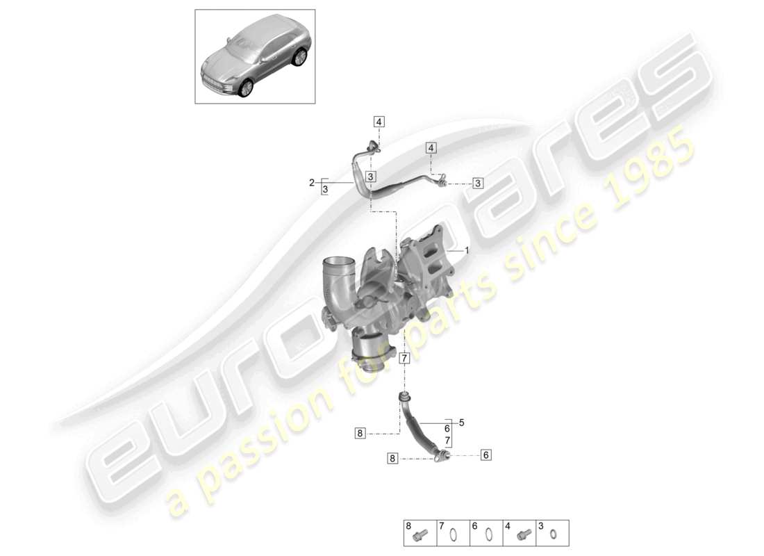porsche 2021 (macan) diagrama de piezas de la línea de presión de aceite del turbocompresor de gases de escape