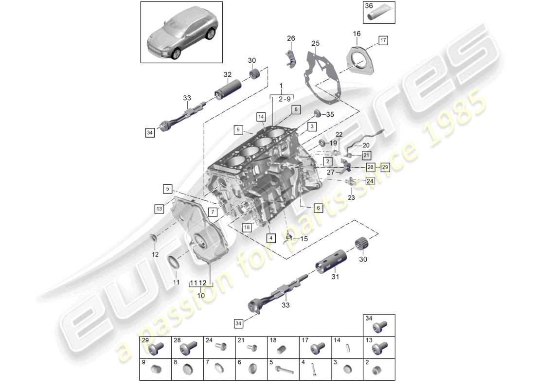 porsche 2021 (macan) carcasa del cárter piezas individuales diagrama de piezas