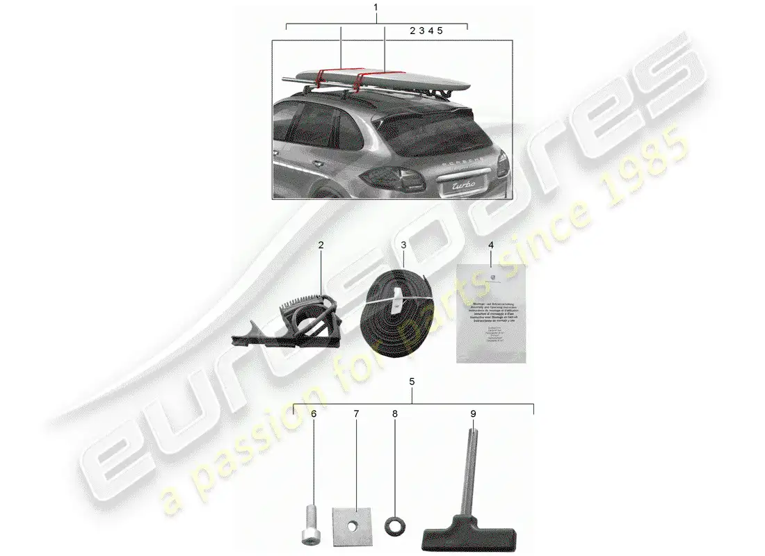 porsche 2017 (tequipment cayenne) portabablas de surf diagrama de piezas