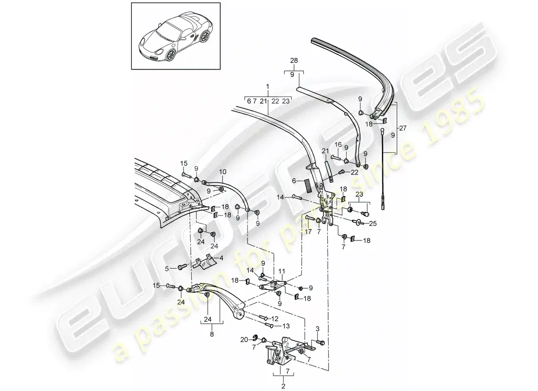 porsche 2012 (987 boxster) marco superior diagrama de piezas