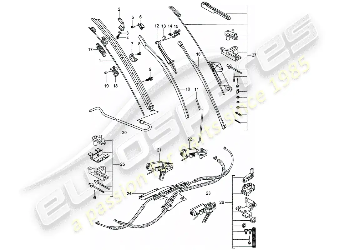 porsche 1996 (993) mecanismo de conducción - techo de cristal diagrama de piezas