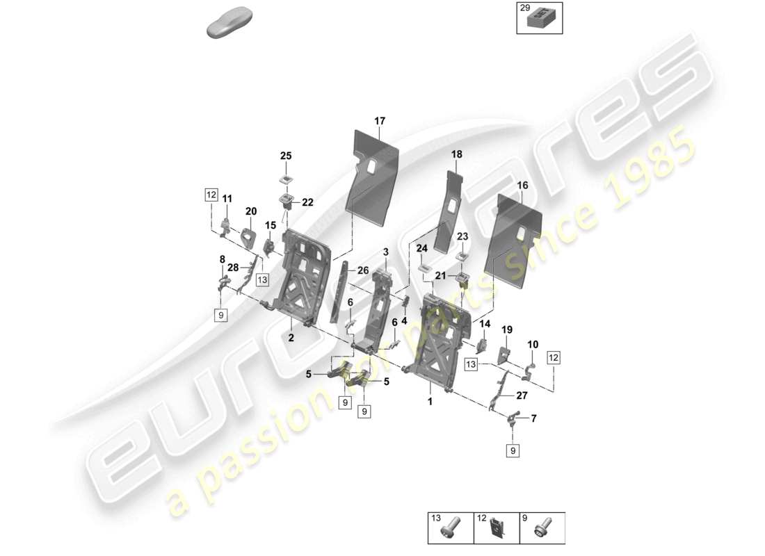 porsche 2025 (taycan 9j1-2) estructura del respaldo asiento confort diagrama de piezas