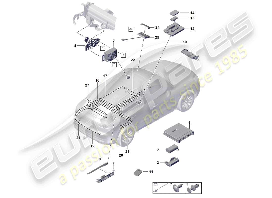 porsche 2023 (cayenne e3 9ya/9yb) para modelos con teléfono y llamada de emergencia diagrama de piezas