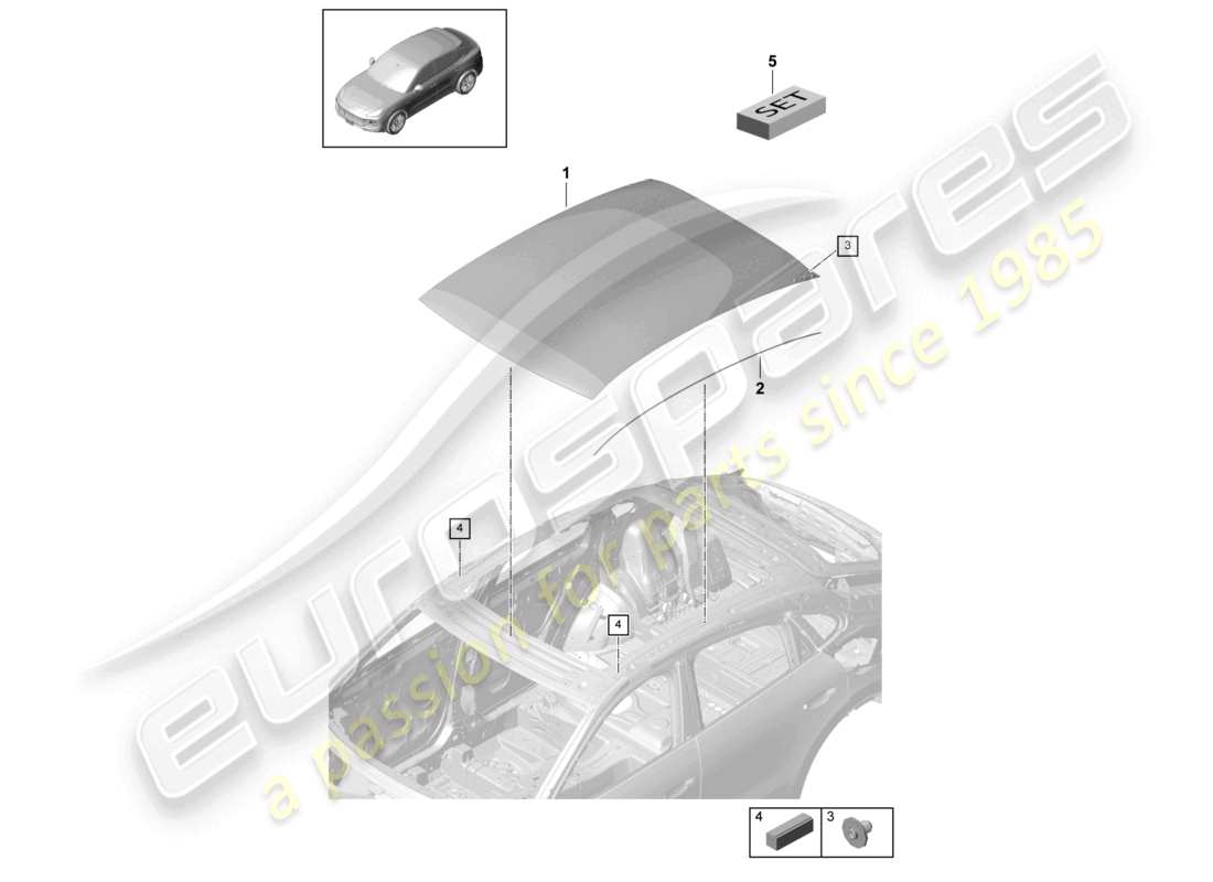 porsche 2021 (cayenne e3 9ya/9yb) diagrama de piezas del techo de cristal