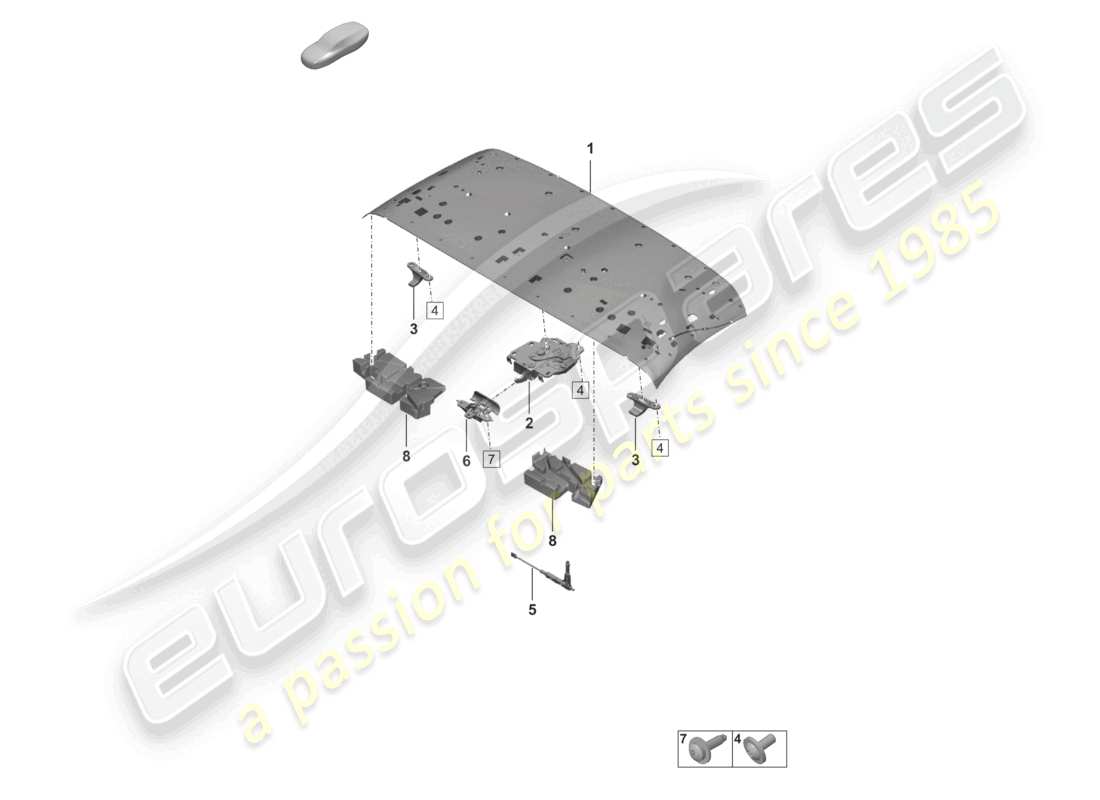 porsche 2021 (992-1 turbo / s) diagrama de piezas del pestillo del marco del techo del marco superior