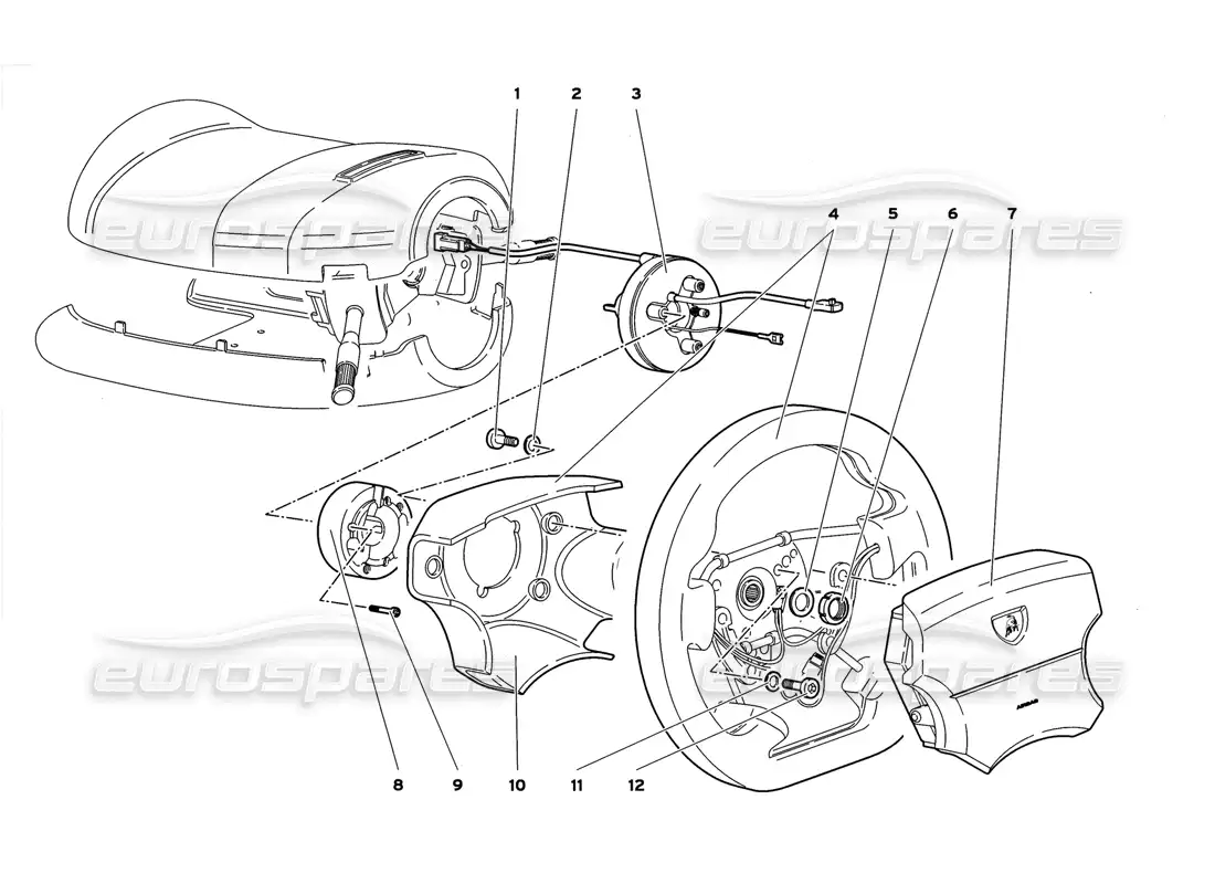 lamborghini diablo gt (1999) sistema de dirección con bolsa de aire diagrama de piezas