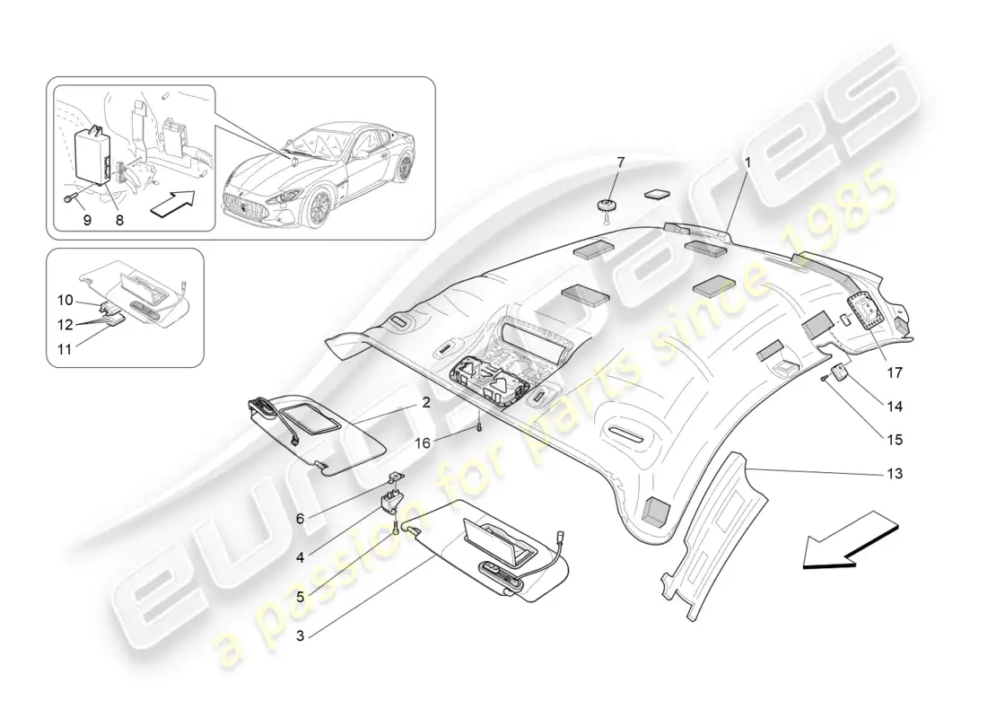 maserati granturismo s (2019) diagrama de piezas de techo y parasoles