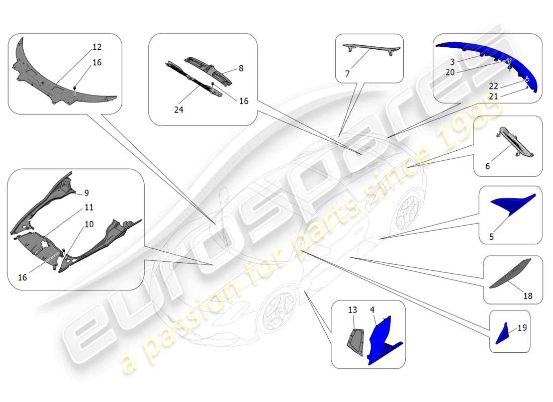 maserati mc20 cielo (2023) diagrama de piezas de escudos, molduras y paneles de cobertura