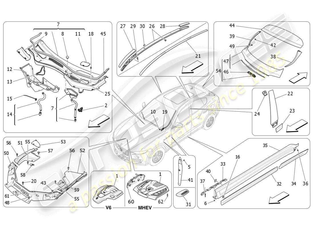 maserati levante modena s (2022) diagrama de piezas de escudos, molduras y paneles de cobertura