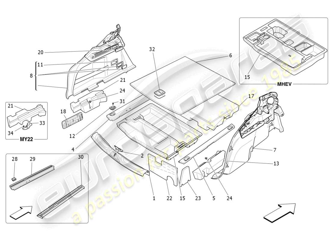 maserati levante tributo (2021) alfombrillas del maletero diagrama de piezas