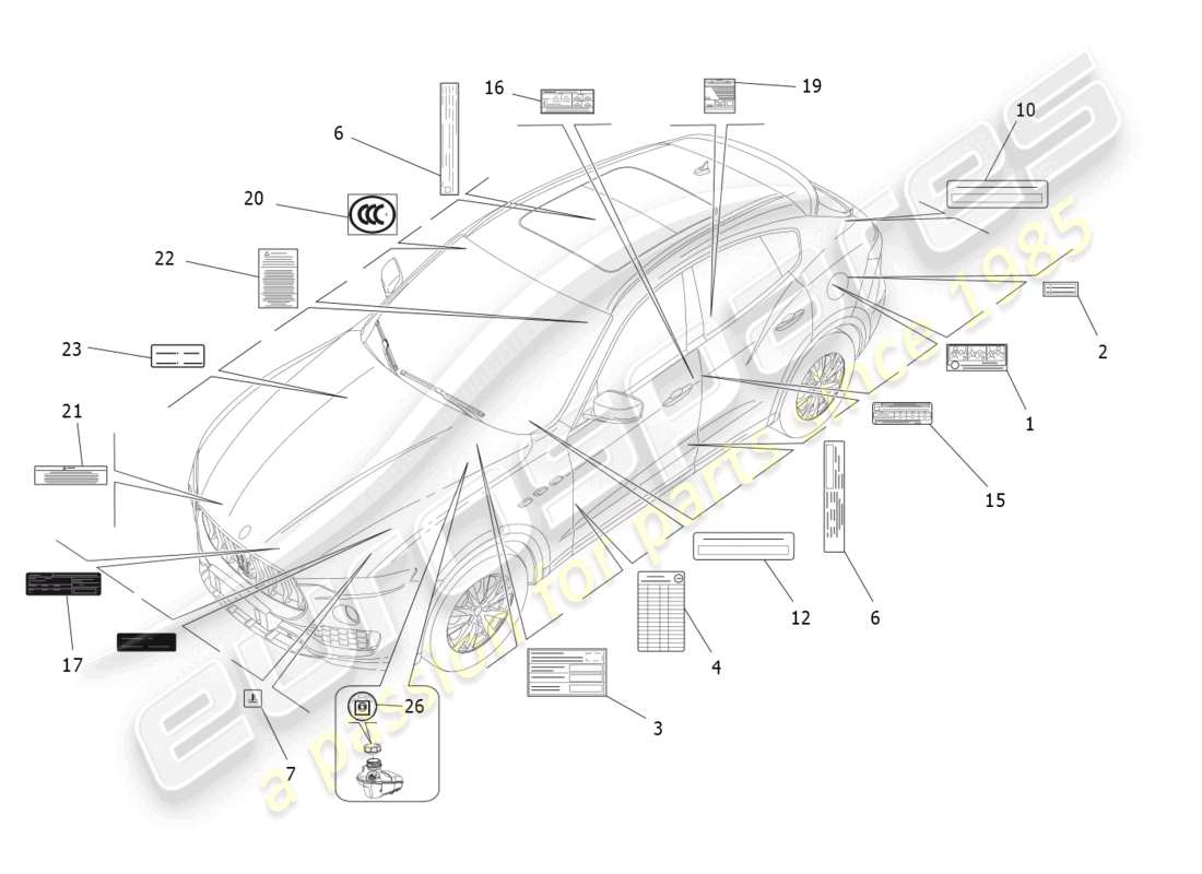 maserati levante modena (2022) diagrama de piezas de pegatinas y etiquetas