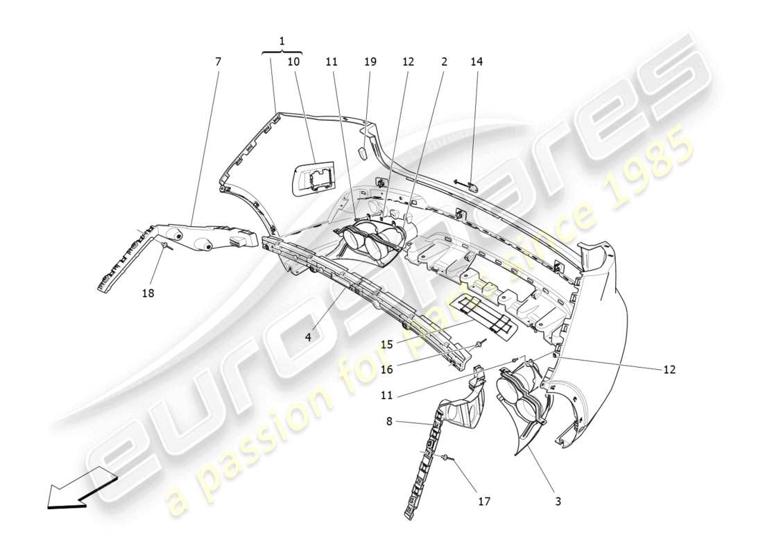 maserati levante modena (2022) diagrama de piezas del parachoques trasero