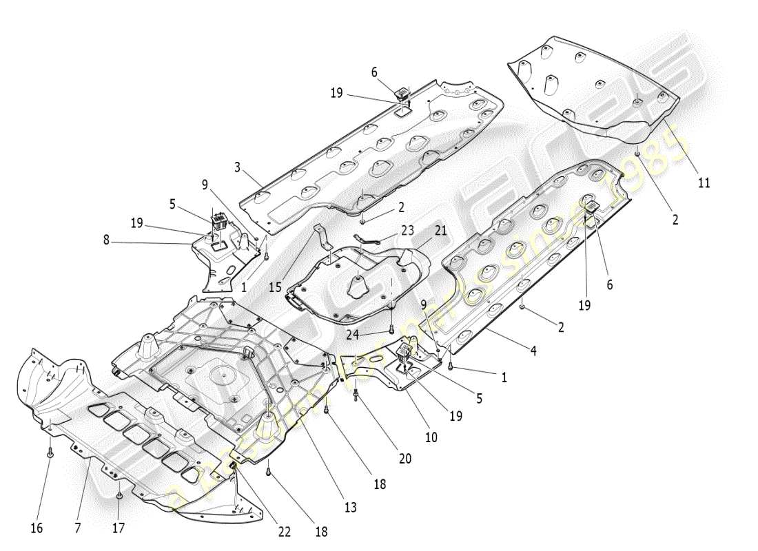 maserati ghibli (2020) protección de bajos y bajos del suelo diagrama de piezas