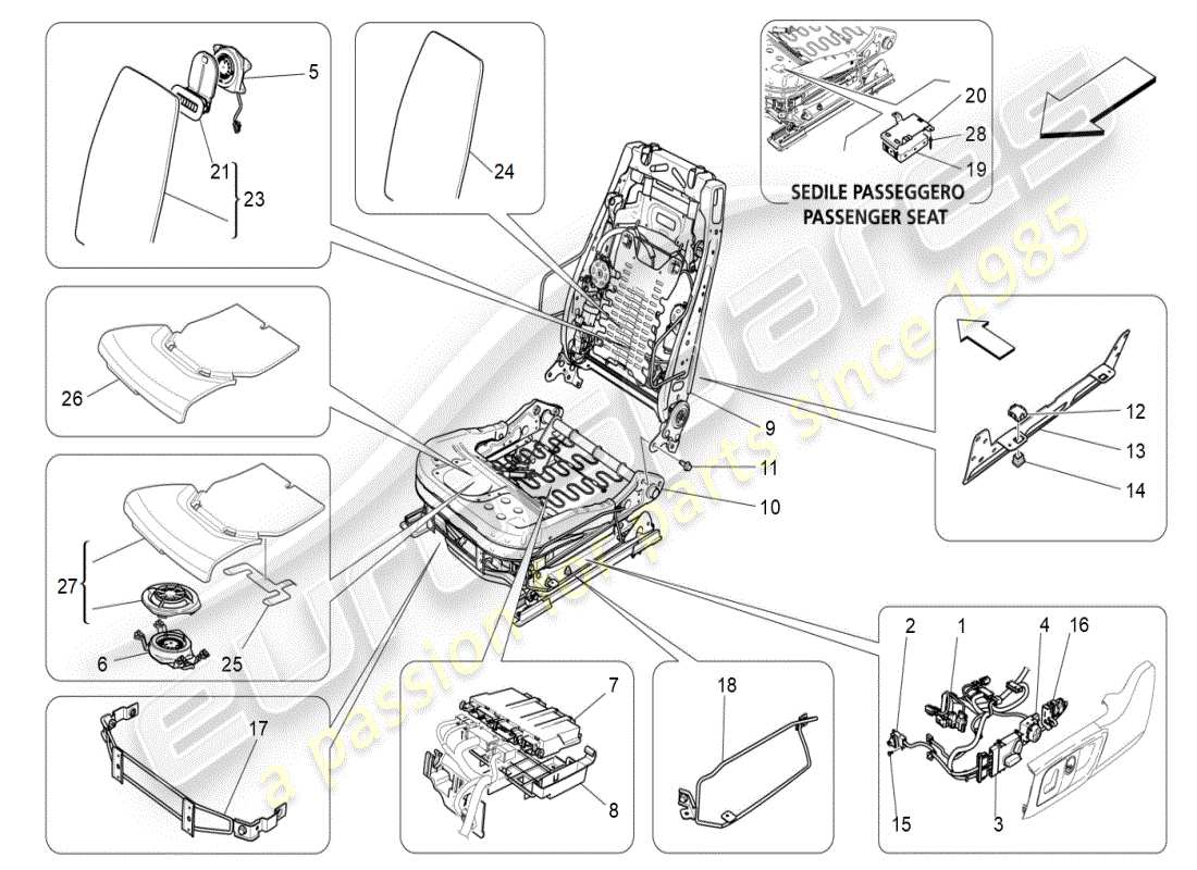 maserati ghibli (2021) asientos delanteros: diagrama de piezas de mecánica y electrónica