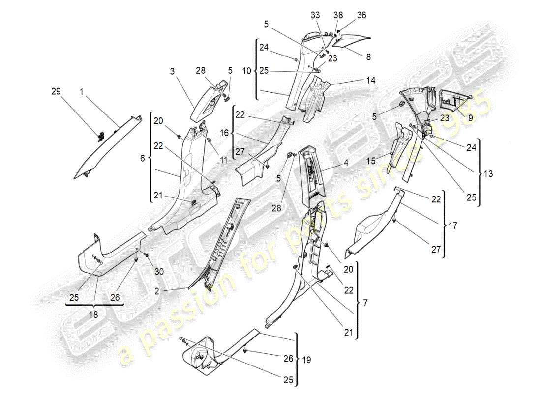 maserati ghibli (2021) diagrama de piezas de paneles laterales y embellecedores del pilar b del compartimento de pasajeros