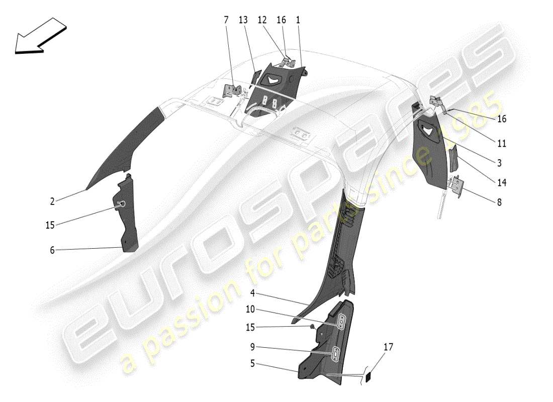 maserati mc20 (2024) diagrama de piezas de paneles laterales y embellecedores del pilar b del compartimento de pasajeros