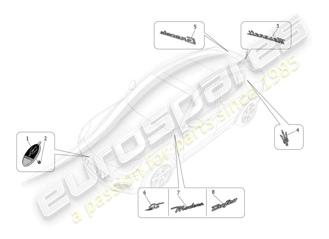 maserati grecale trofeo (2023) diagrama de piezas de adornos, marcas y símbolos