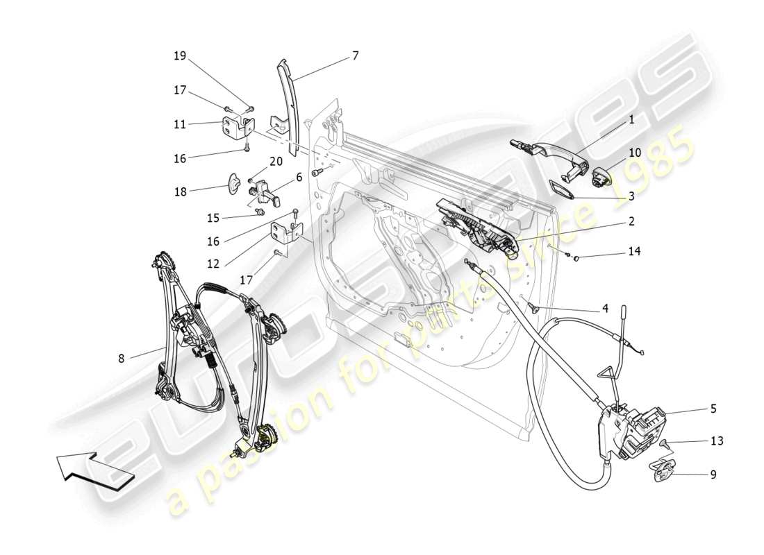 maserati levante trofeo (2020) puertas delanteras: diagrama de piezas de mecanismos