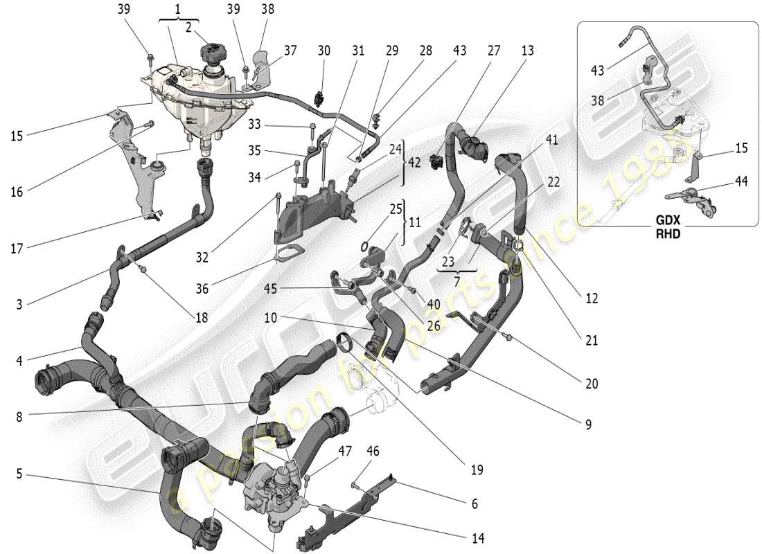 maserati grecale modena (2023) sistema de refrigeración: diagrama de piezas de nourice y líneas