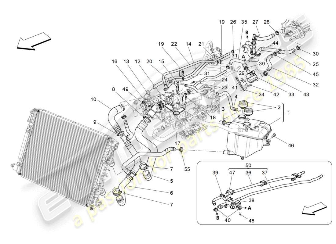 maserati quattroporte (2018) sistema de refrigeración: diagrama de piezas de nourice y líneas