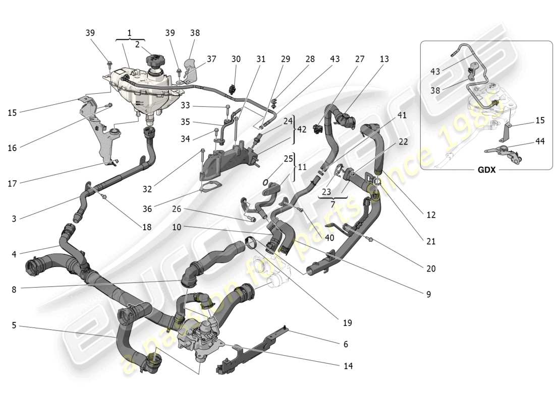 maserati grecale gt (2023) sistema de refrigeración: diagrama de piezas de nourice y líneas