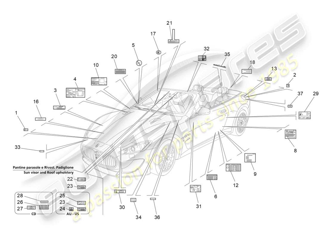 maserati grancabrio mc (2013) diagrama de piezas de pegatinas y etiquetas