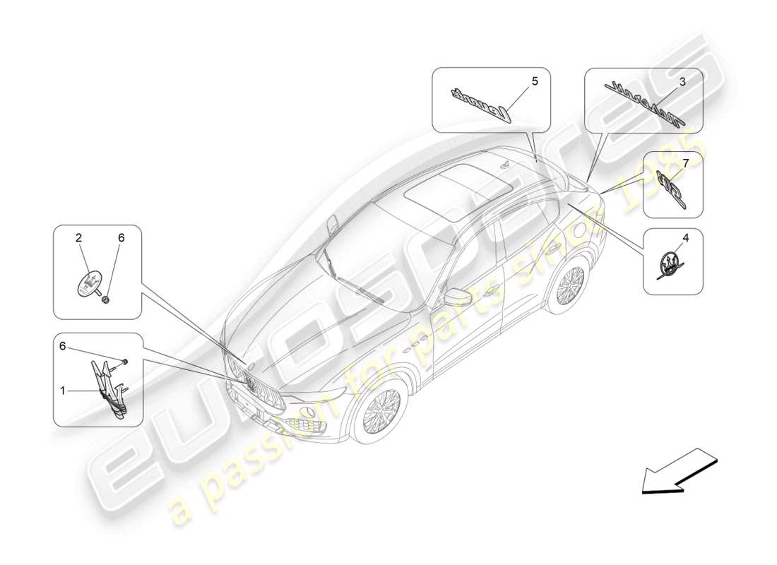 maserati levante (2017) diagrama de piezas de adornos, marcas y símbolos