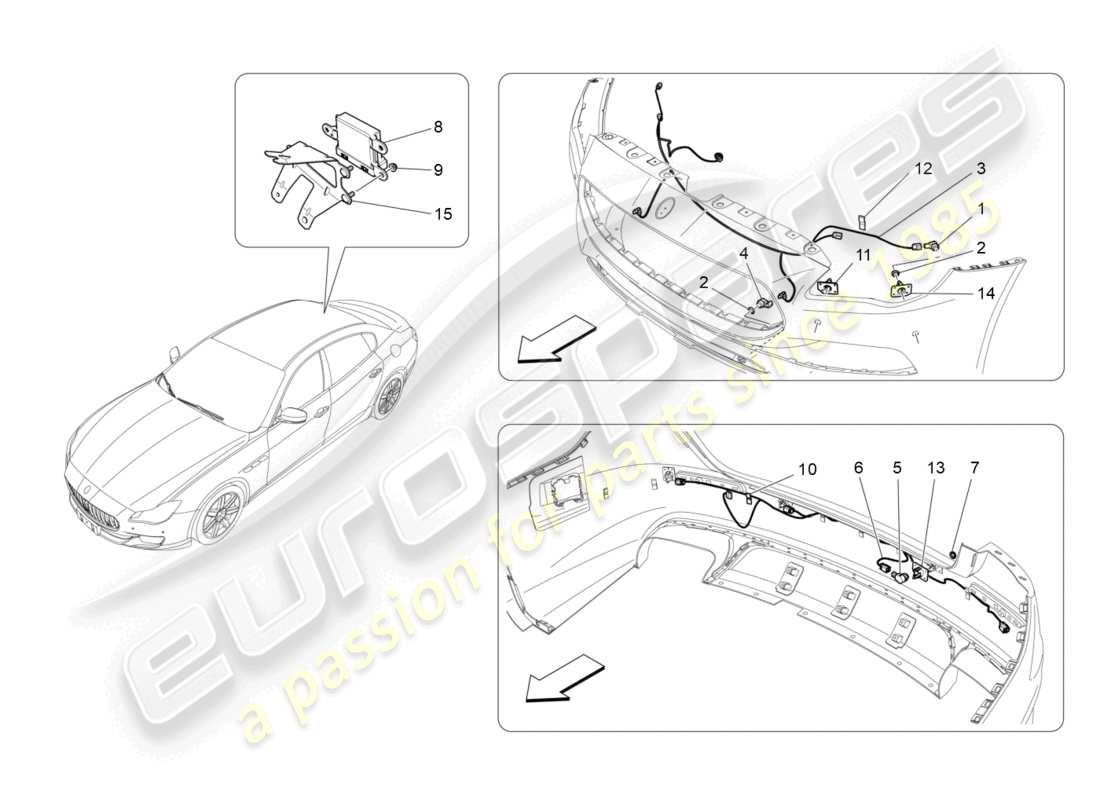 maserati quattroporte (2018) diagrama de piezas de los sensores de estacionamiento