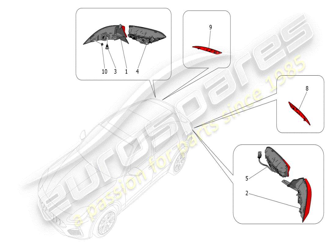 maserati grecale modena (2023) diagrama de piezas de los grupos de luces traseras