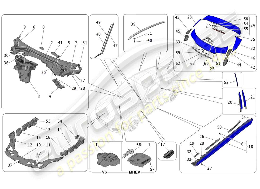 maserati grecale trofeo (2023) diagrama de piezas de escudos, molduras y paneles de cobertura