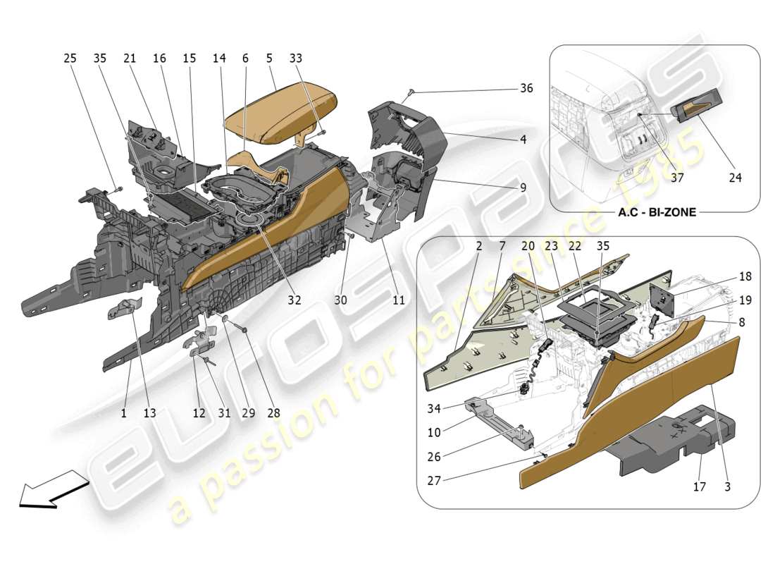 maserati grecale trofeo (2023) diagrama de piezas de la consola de accesorios y la consola central
