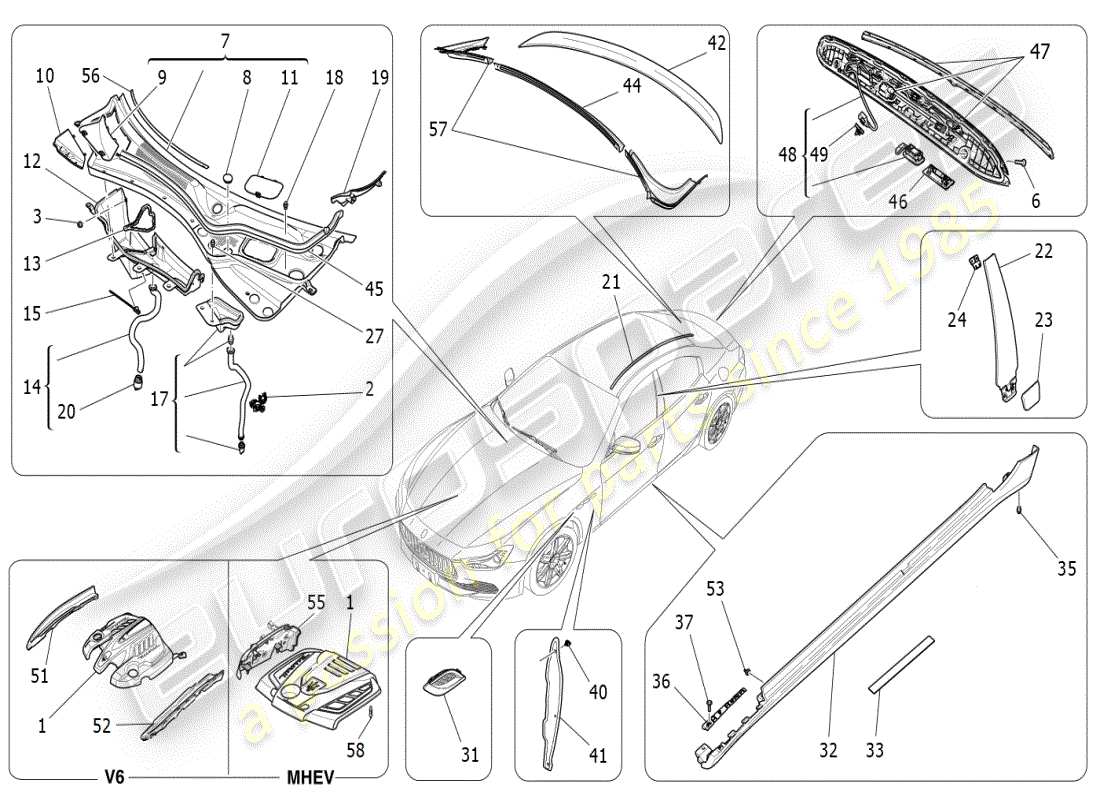 maserati ghibli (2021) diagrama de piezas de escudos, molduras y paneles de cobertura
