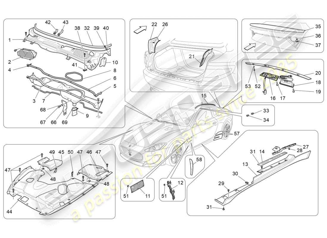 maserati granturismo mc stradale (2012) diagrama de piezas de escudos, molduras y paneles de cobertura