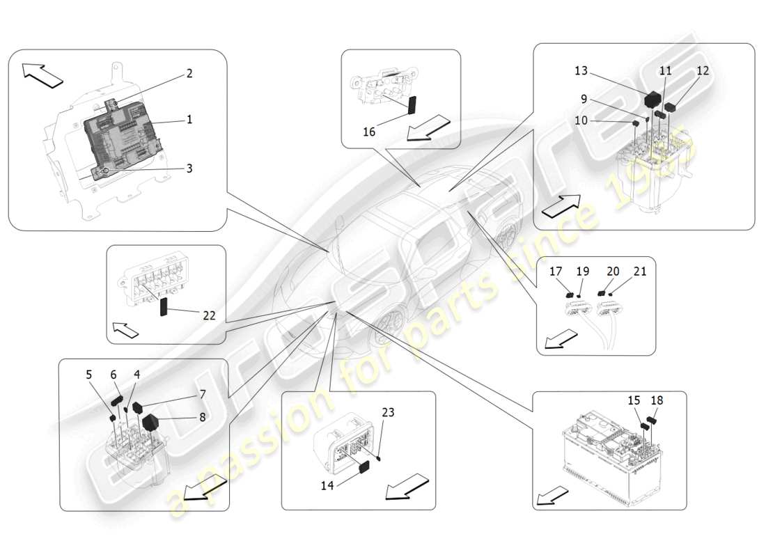 maserati mc20 cielo (2023) diagrama de piezas de relés, fusibles y cajas