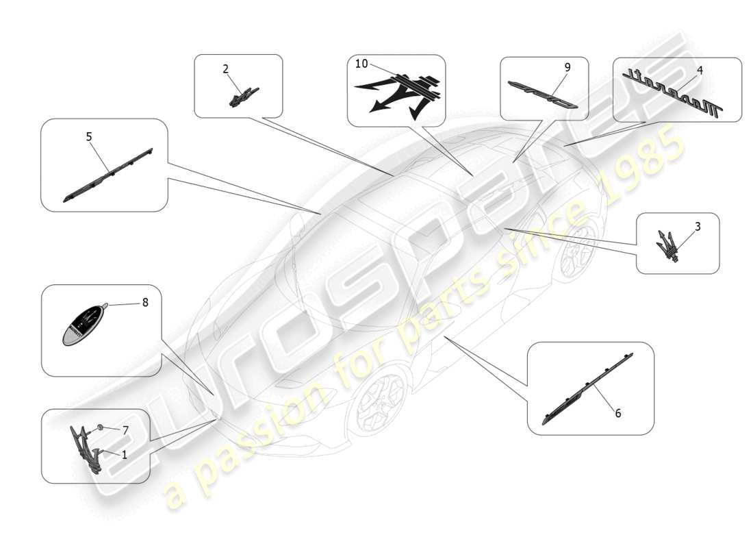 maserati mc20 cielo (2023) diagrama de piezas de adornos, marcas y símbolos