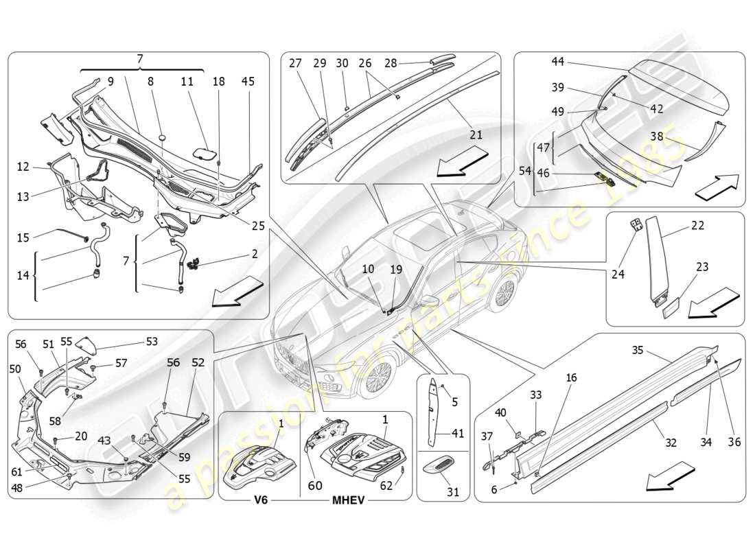 maserati levante (2019) protectores, embellecedores y paneles de cobertura diagrama de piezas