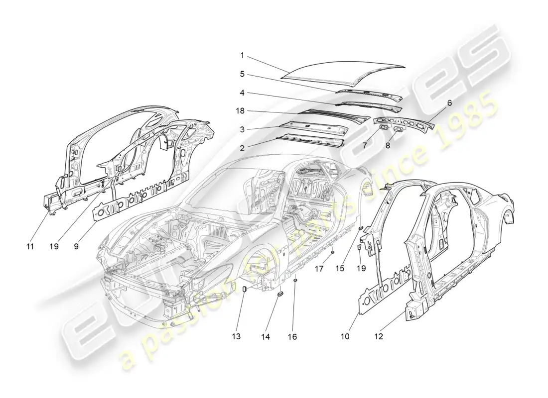 maserati granturismo s (2019) diagrama de piezas de carrocería y paneles exteriores centrales
