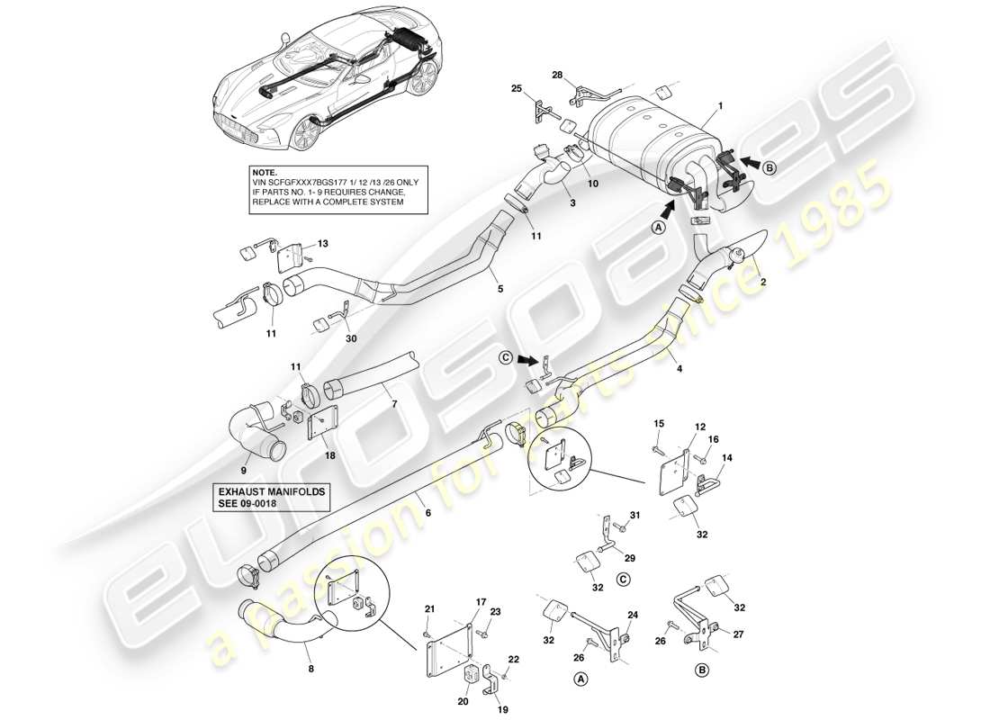 aston martin one-77 (2011) diagrama de piezas del sistema de escape