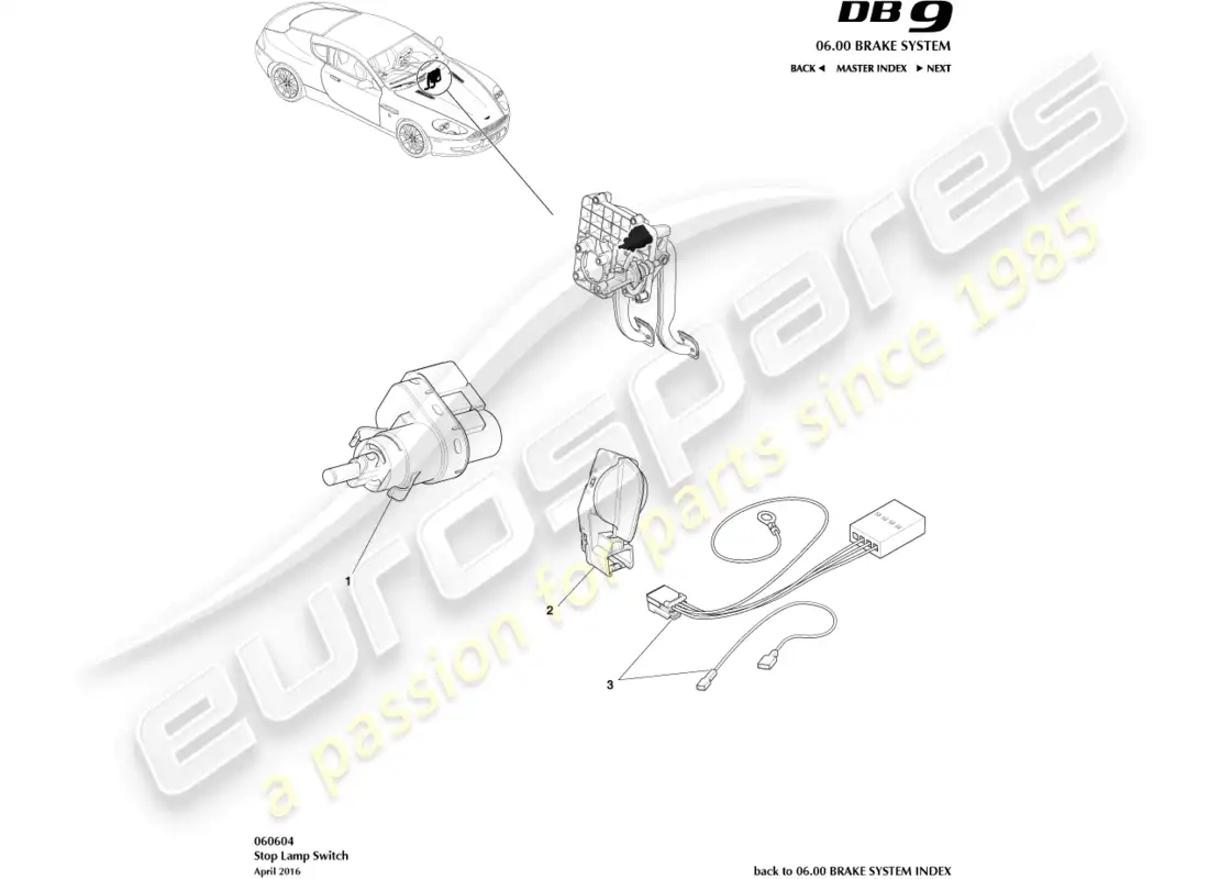 aston martin db9 (2006) interruptor de luz de freno diagrama de piezas