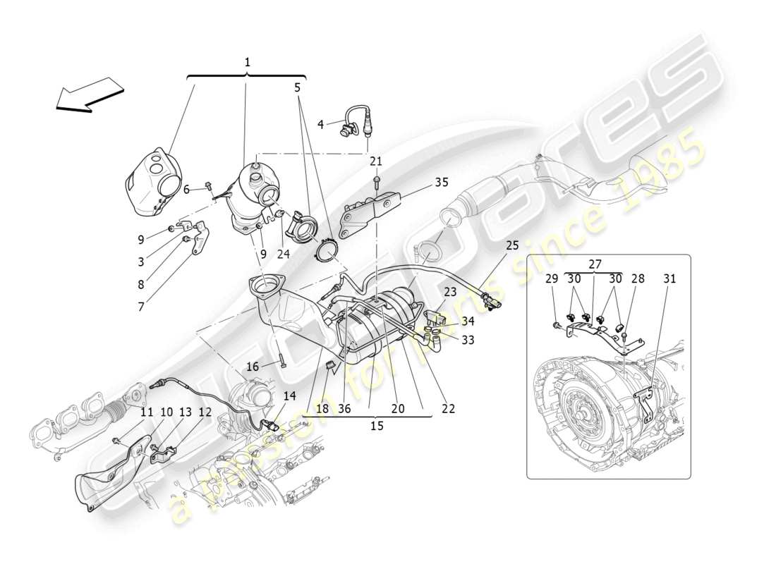 maserati levante (2018) diagrama de piezas de convertidores precatalíticos y convertidores catalíticos